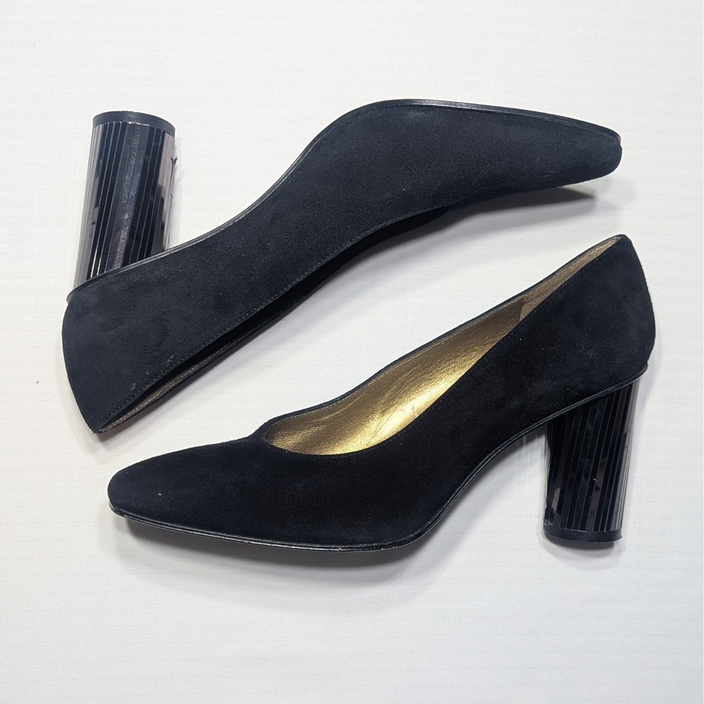 Stuart Weitzman Suede Pump 9B Black Chrome Block Heel Architectural Quiet Luxury